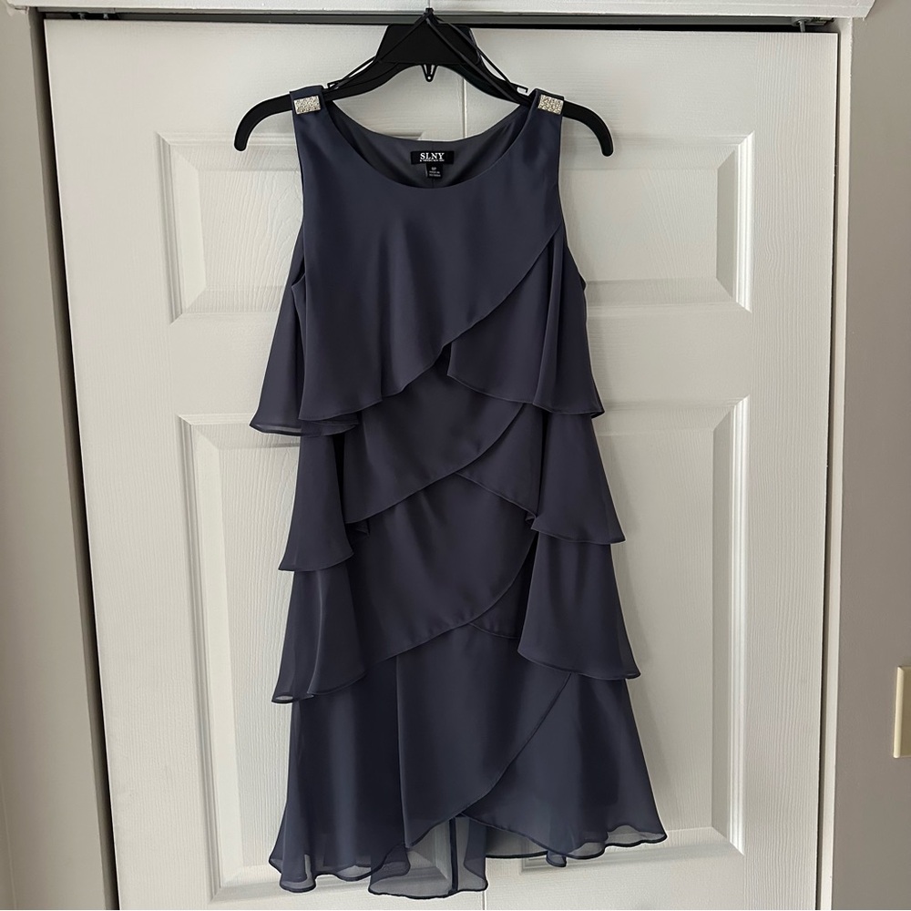 SLNY Midnight Blue Ruffled Sleeveless Dress